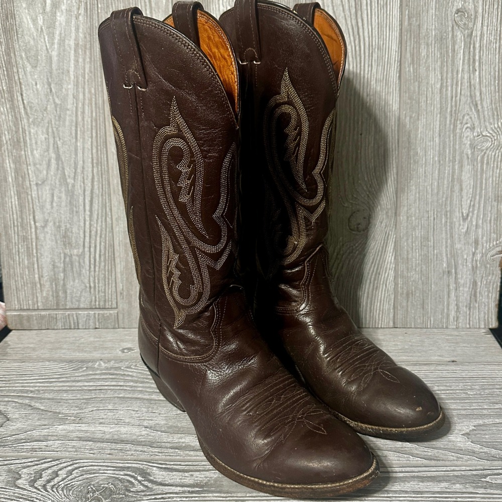 Vintage Nocona Cowboys Boots Men's 9 E Brown Leather Classic Stitching Point Toe